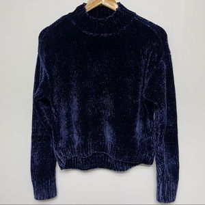 Navy Blue Velvet Crew Neck Turtleneck Sweater XS